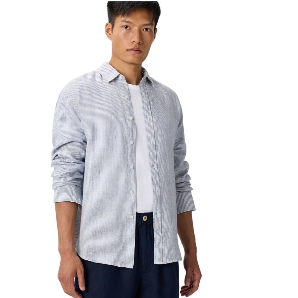 Quince Mens European Linen Long Sleeve Shirt Blue‎ Pinstripe Size M New W/ Tags